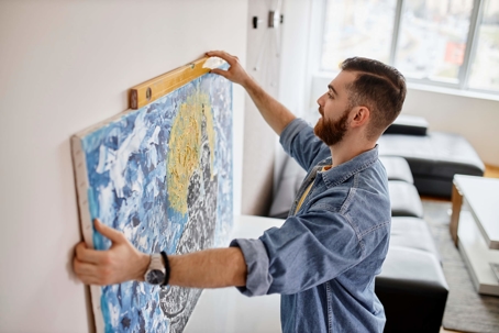 man hanging art in apartment