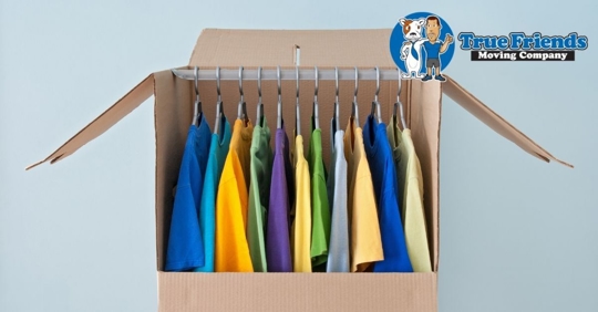 Wardrobe box with clothes and hangers in it.